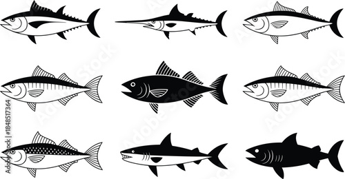 Nine black and white fish in various styles aquatic