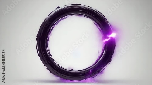 Mystical black enso circle abstract symbol glowing with intense purple neon energy on a clean light background
