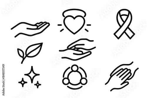 Kindness Symbols Icons. Symbols of Kindness linear set: open-hand offer, heart halo, supportive ribbon, comfort gesture, peace leaf, caring spark, unity emblem, gentle touch sign.
