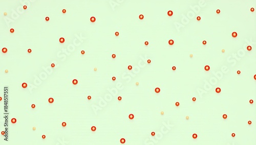 Scattered arrangements of vibrant red and pale yellow circular shapes against a light green backdrop create a visually appealing and abstract design suitable for digital backgrounds and creative...