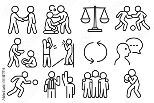 Sporting Icons Series. Respectful Competition linear set: pre-game handshake, post-game thanks, equal ground symbol, balanced effort icon, mindful play stance, supportive sideline