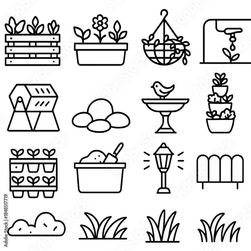 DIY Garden Icons. DIY Garden Ideas linear set: pallet planter, container garden, hanging basket, drip line setup, compost tumbler, decorative stones, bird bath, herb tower,
