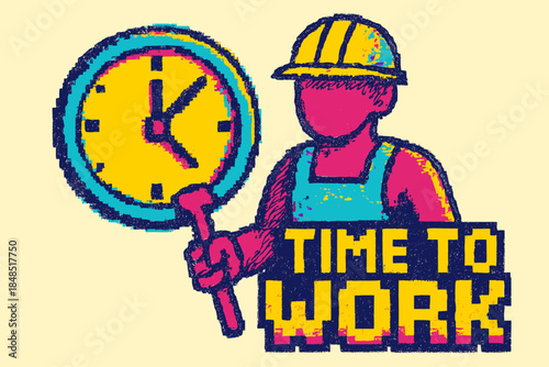 Retro Work Clock Art. A retro-digital vector illustration of a worker figure and a large clock. The lines of the drawing are intentionally messy and doodled, but the fills and