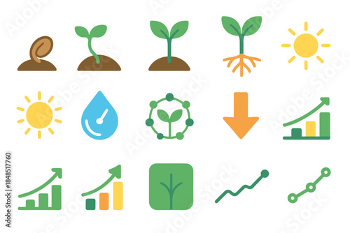 Natural Growth Icons. Natural Growth Kit flat set: germinating seed, tender sprout, leaf spread, root extension, sunlight beam, hydration gauge, nutrient arrow, steady climb bar,