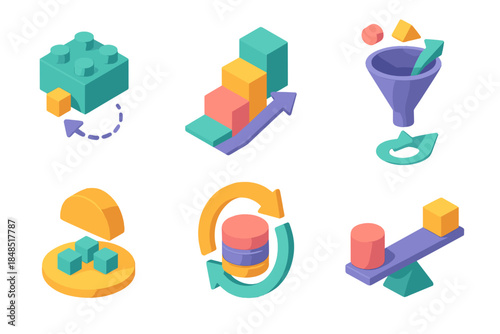 Circular Economy Icons. Reintegration Material Flow flat isometric set: restored part block, reintegration path, reuse funnel, recovered material plate, cyclical output icon,