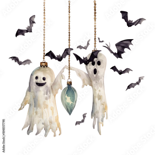Two ghostly ornaments with bats flying around them on a white background