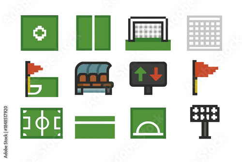 Football Icons Set. Football Pitch Icons set of icons in flat pixel vector style: center mark, halfway line, goal area, net frame, corner marker, team bench, substitution board,