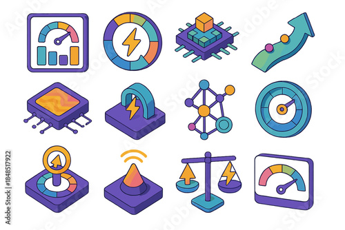 Energy Efficiency Icons. Energy-Aware Computation flat isometric set: consumption insight meter, power budget wheel, adaptive logic block, efficiency path arc, thermal-load checker