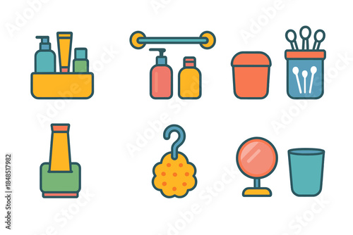 Bathroom Organizer Icons. Bathroom Organization Items flat set: countertop organizer, wall-mounted rack, small bin, cotton swab jar, toothpaste squeezer, shower hook, mini mirror,