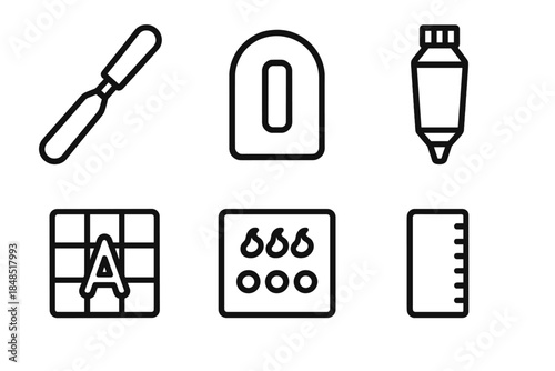 Cake Decorating Tools. Cake Decorating Set linear set: icing spatula, fondant smoother, letter cutter, sprinkles tube, design stencil, detail meter.
