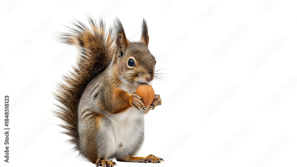 Obraz premium Curious squirrel eating nut on white background