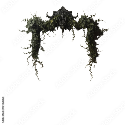 An overhead view of a mysterious, foliage-covered archway standing alone in a stark white environment