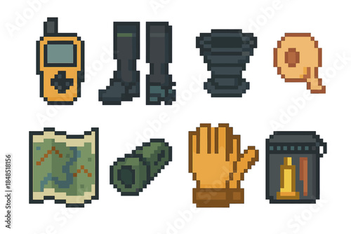 Hiking Essentials Icons. Outdoor Journey Tools set of icons in flat pixel vector style: GPS unit, trekking gaiters, collapsible cup, first-aid tape, ridge map, pocket whistle,