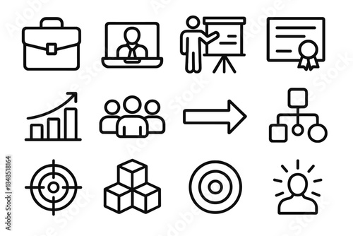 Professional Growth Icons. Professional Development linear set: briefcase, training module, presentation board, certification sheet, progress chart, teamwork icon, guided arrow,