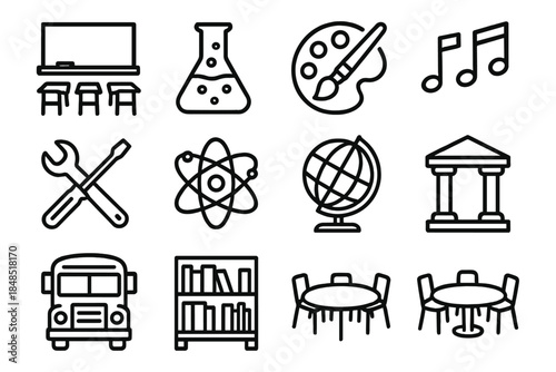 Icons of Learning Environments. Learning Environments linear set: classroom board, desk arrangement, lab beaker, art palette, music notes, workshop tools, science model, globe,