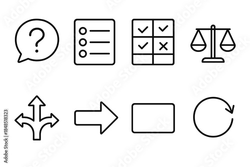 Cognitive Decision Icons. Cognitive decision elements linear set: question bubble, criteria list, comparison chart, weighting scale, path fork, decision arrow, result box, review
