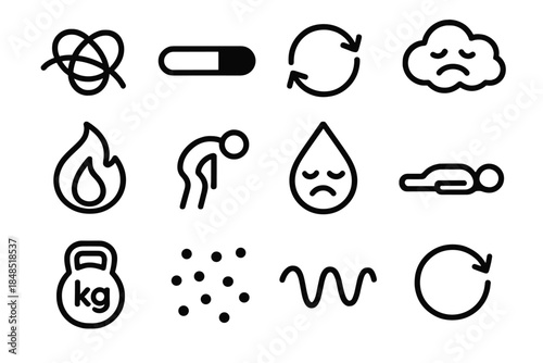 Chronic Stress Icons. Chronic Stress Icons linear set: recurring tension knot, prolonged pressure bar, looping stress arrows, persistent worry cloud, exhaustion flame, burnout
