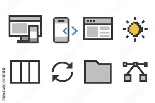 Cross-Platform Icons Set. Cross-Platform Consistency pixel style set: responsive layout frame, mobile breakpoint icon, desktop panel, adaptive column grid, theme mode sun–moon,