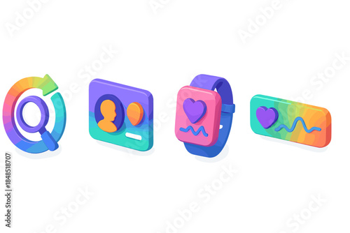 Colorful Health Icons. Smart Health Guidance flat isometric set: progress-lens icon, personalized cue tile, wellbeing tracker strip.