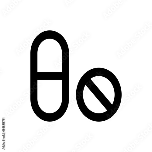 Prohibited Pill Icon, Black and White, No Medication Symbol, Vector Design