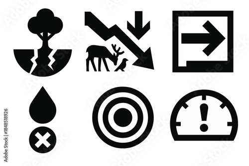 Brutalist Biodiversity Icons. Biodiversity Stress Patterns silhouette set: fragile habitat icon, population decline tile, disturbance arrow, resource scarcity marker, stress ripple