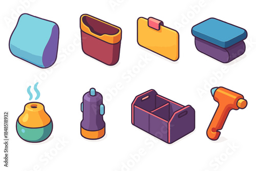 Stylish Car Accessories. Vehicle comfort gear flat isometric set: lumbar cushion, seat pocket, sun visor extender, armrest pad, car diffuser, phone charger, trunk organizer, safety