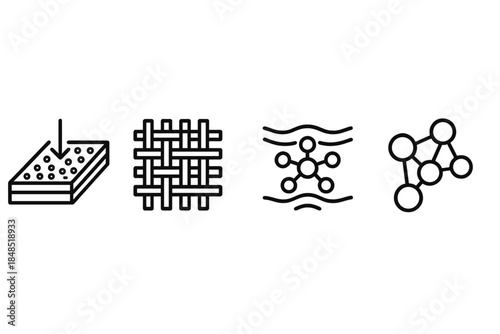 Composite Structure Icons. High-Performance Composite Structures linear set: resin-flow panel, woven fiber sheet, strength-core node.