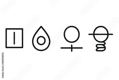 Quantum Gate Icons. Quantum Gate Functions linear set: phase-shift bar, rotate-qubit droplet, controlled-flip coil.