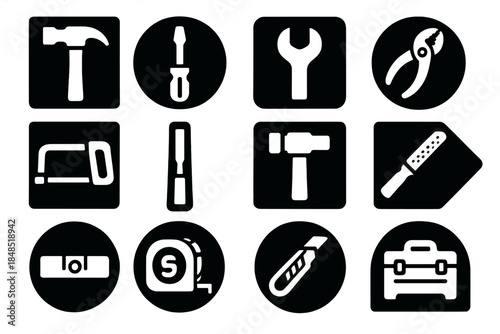 Brutalist Hand Tools Icons. Workshop Hand Tools silhouette set: framing hammer tile, Phillips screwdriver node, spanner bar, slip-joint pliers ring, hacksaw patch, chisel stripe,