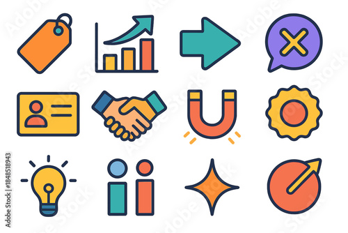 Sales Persuasion Icons. Sales Persuasion Icons flat set: offer tag, value chart, benefit arrow, decision guide bubble, compelling pitch card, trust handshake, attention magnet,