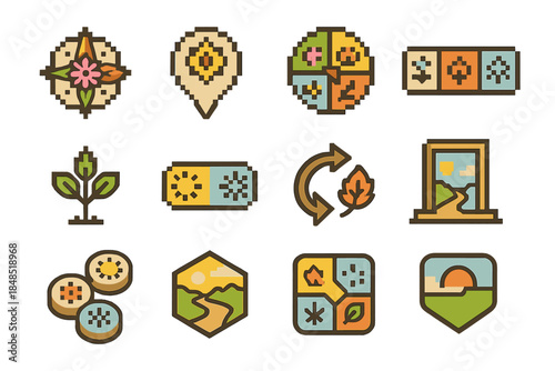 Seasonal Navigation Icons. Dynamic Season Navigation Elements pixel style set: shifting-season compass, variable climate marker, rotating weather wheel, seasonal path strip,