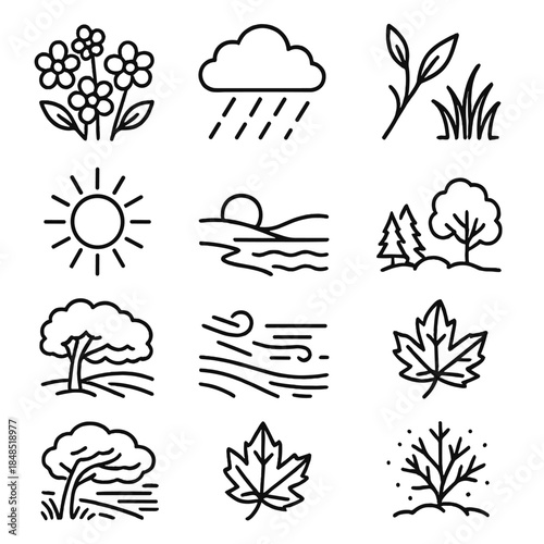 Four-Season Iconography. Four-Season Landscape Set linear set: spring bloom cluster, rain cloud, sprouting branch, soft grass, summer sunburst, warm horizon, coastal line, forest