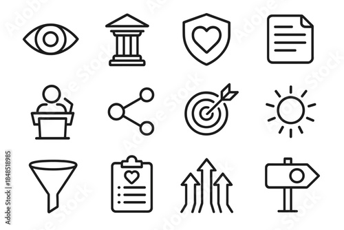 Organizational Icon Set. Organizational Alignment Symbols linear set: vision statement, mission pillar, core values, internal memo, leadership speech, collaboration nodes,