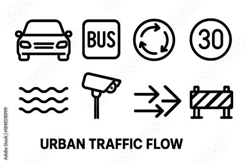 Urban Traffic Icons. Urban Traffic Flow linear set: car silhouette, bus lane marker, roundabout icon, speed regulation sign, congestion wave lines, traffic camera, flow arrows,