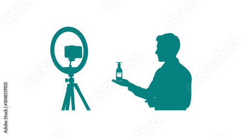 Man recording video review of hand sanitizer product