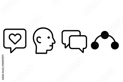 Careful Communication Icons. Care-Oriented Communication Patterns linear set: helpful-message tile, attentive-listen node, feedback-bead arc.