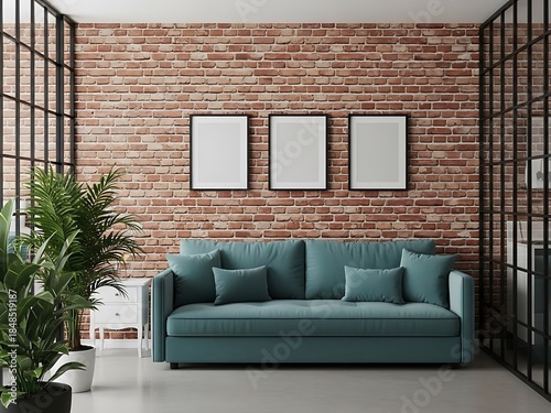 A modern mint green sofa sits against a rustic red brick wall in a bright, minimalist loft-style living room
