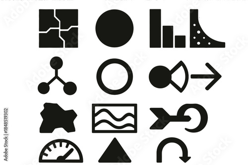 Brutalist Process Icons. Probabilistic Process Patterns silhouette set: random-step tile, state node, probability bar, transition ring, event cue dot, distribution patch, variance