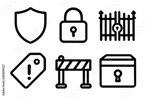 Security Icon Set. Protect Essentials linear set: shield icon, lock symbol, guarded gate, secure box, warning tag, barrier line.