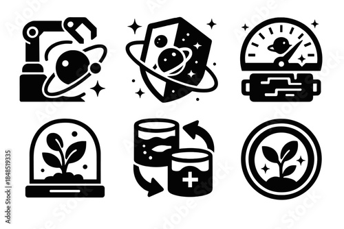 Celestial Care Icons. Celestial environment care silhouette set: orbit-cleanup arm, dust shield plate, energy balance dial, microhabitat pod, resource cycle tank, environmental