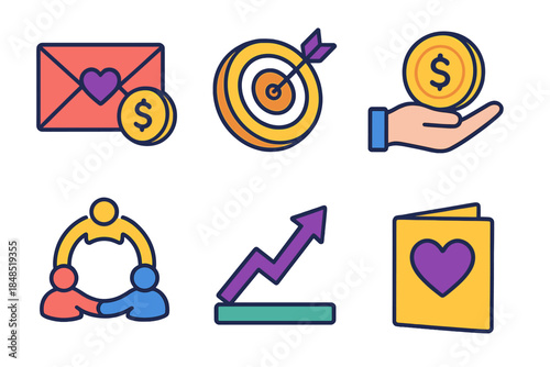 Campaign Funding Icons. Campaign Funding Items isometric flat set: donation envelope, target board, contribution coin, community symbol, progress arrow, thank-you card.