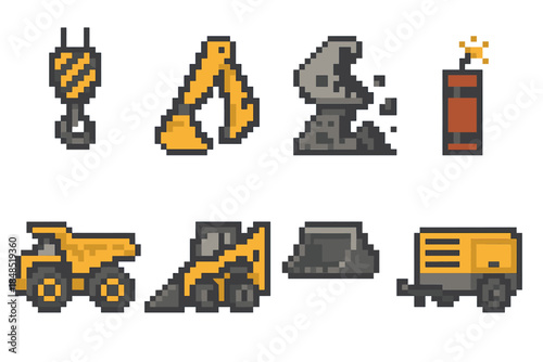 Construction Equipment Icons. Construction & Mining Equipment set of icons in flat pixel vector style: tower crane hook, backhoe scoop, rubble crusher, blasting charge icon,