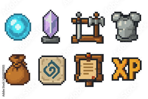 Pixel Adventure Icons. Gaming adventure elements set of icons in flat pixel vector style: energy orb, save point crystal, weapon rack, armor plate, loot bag, spell rune, quest