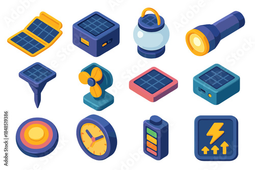 Solar Tech Icons. Solar Tech Essentials flat isometric set: portable solar mat, solar USB brick, lantern globe, solar torch, pathway solar spike, panel-topped fan, solar desk tile,