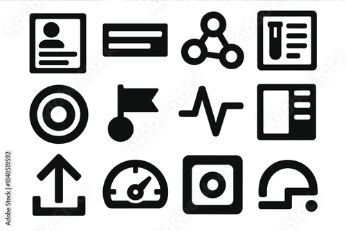 Connected Medical Icons. Connected Medical Record Systems silhouette set: patient summary tile, medical history bar, chronic-condition node, lab sheet panel, scan archive ring,
