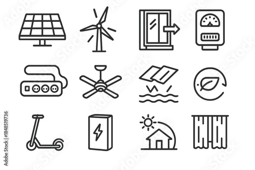 Energy-Smart Living Icons. Energy-Smart Living linear set: solar panel, wind turbine, insulated window, energy meter, smart power strip, ceiling fan, reflective roof tile,