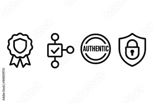 Security Icons Outline. Secure Handling Frameworks linear set: tamper-proof seal, audit trail node, authenticity stamp.