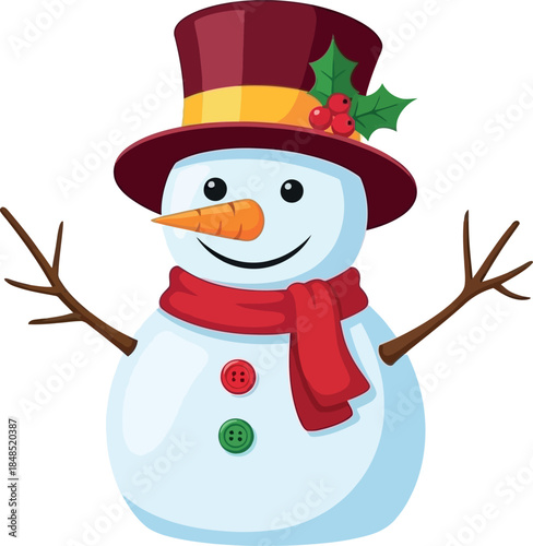 Cheerful snowman with hat and scarf