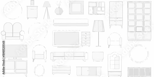 A collection of furniture outlines sofas chairs tables and storage units