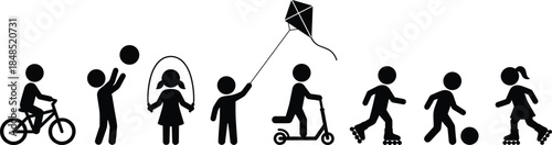 Children outdoor activity silhouettes set, kids playing sports recreation cycling skating kite flying illustration isolated vector design elements modern collection